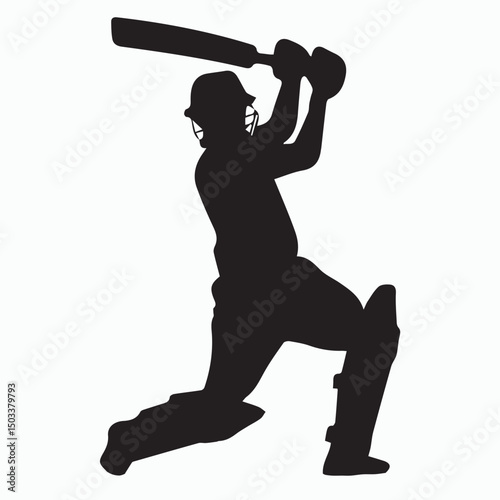 A black silhouette vector illustration shows a sport person, a baseball player in action, jumping for the ball