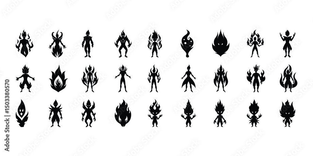 Fototapeta premium Black silhouette illustrations of fire elementals depicting fantasy characters and fiery spirits