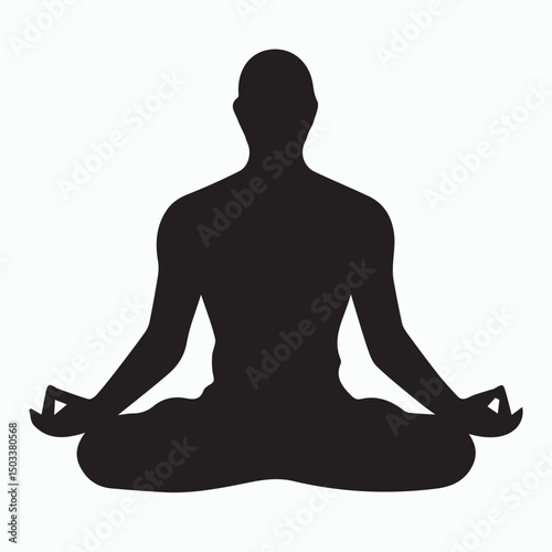 A black silhouette illustration shows a woman in a lotus position, a yoga pose promoting meditation and relaxation for body health and spiritual balance