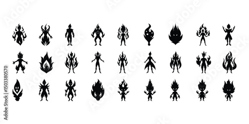 Black silhouette illustrations of fire elementals depicting fantasy characters and fiery spirits