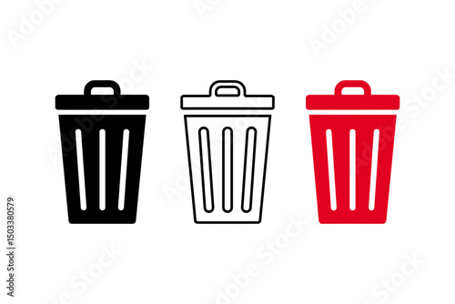 Set of Trash Bin Icons in Black Outline and Red