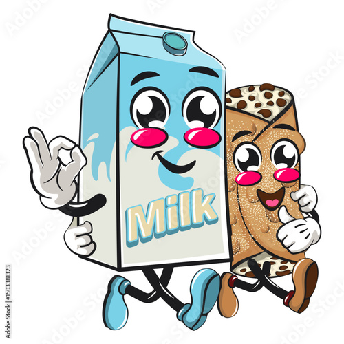 cute cannoli vektor illustration mascot character walk with a cute milk box  character giving oke sign while have thumbs up work of hand drawn