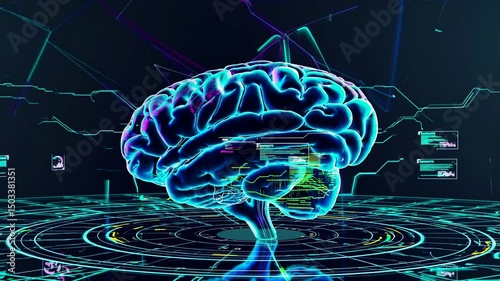 Digital Brain Scan Technology - Rotating 3D Neural Network AI Concept with Glowing Blue Effects