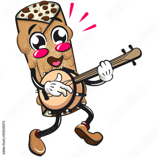 cute cannoli vektor illustration mascot character playing the banjo musical instrument, work of hand drawn