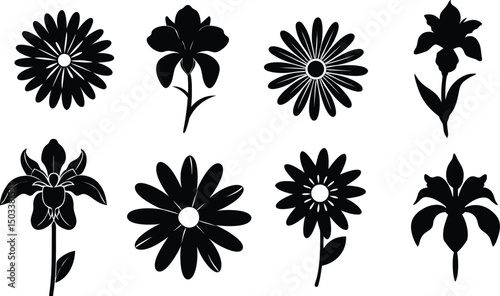 Floral Vector An illustration of various flower silhouettes, rendered in high contrast black and with symmetrical arrangement for easy integration into designs.