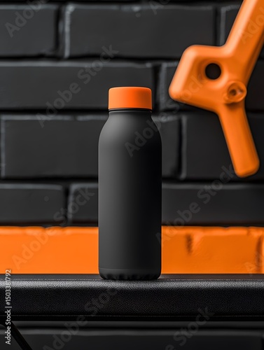 Black Minimalist Water Bottle Mockup on Gym Bench
