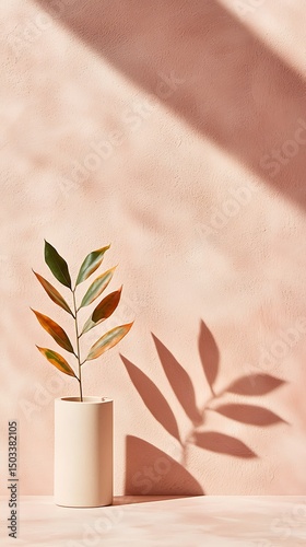 Single Plant with Multicolored Leaves in Cream Vase Against Textured Pink Wall