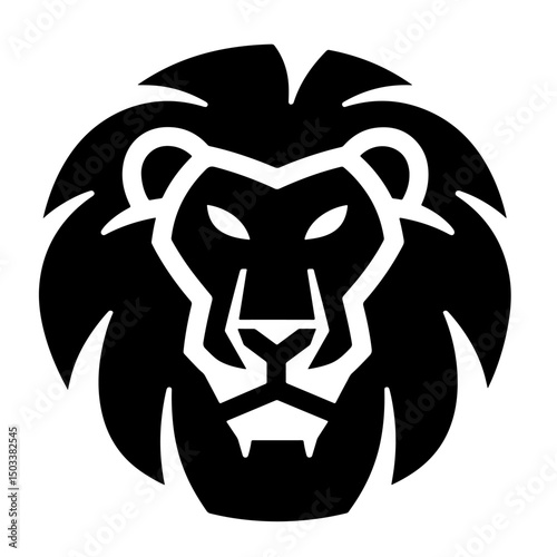 A fierce lion's head illustration in a bold, black silhouette style.