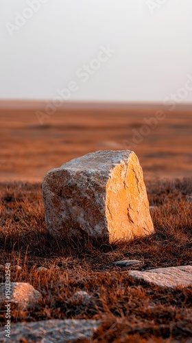 Single Rock Casting Long Shadow on Expansive Brown Plain at Sunset