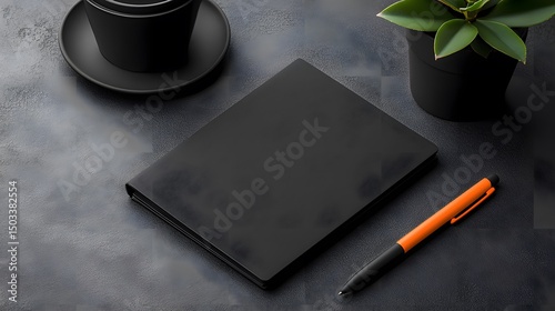Black Notebook and Orange Pen Mockup on Dark Textured Surface