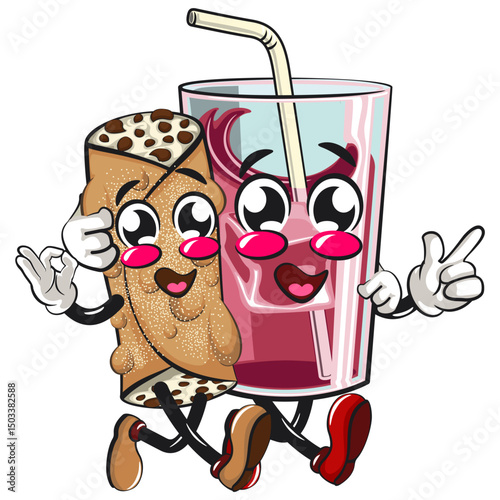 cute cannoli vektor illustration mascot character walk with a glass juice ice character while giving an ok sign, work of hand drawn