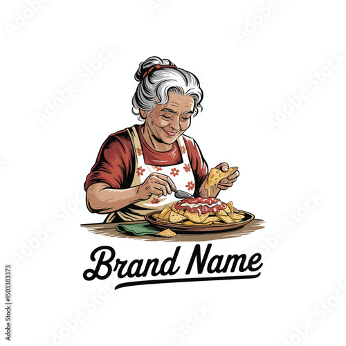 hand drawn  grandma making nachos logo design 