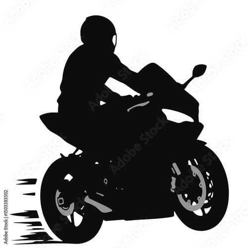 A motorcyclist speeding on a sportsbike, illustrated in black silhouette.