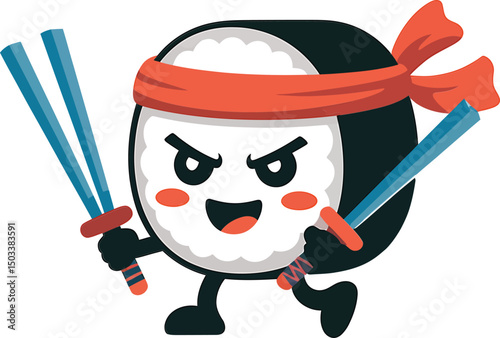 Cartoon sushi ninja character with swords ready for action on a white background