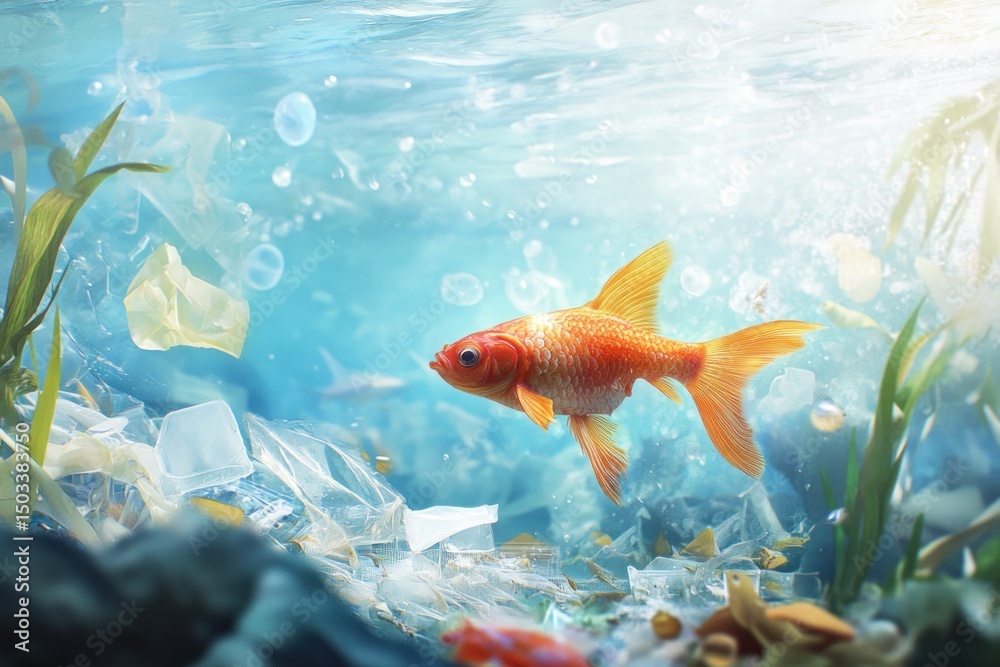 Naklejka premium Polluted water, fish, plastic debris