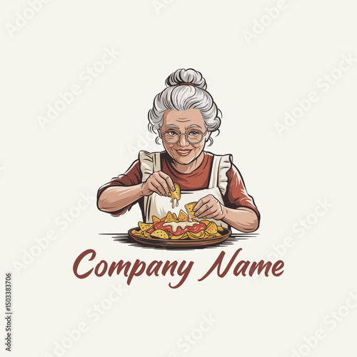 hand drawn  grandma making nachos logo design 