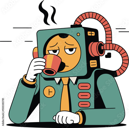 Cartoon character wearing a box head enjoying coffee depicting modern day corporate fatigue