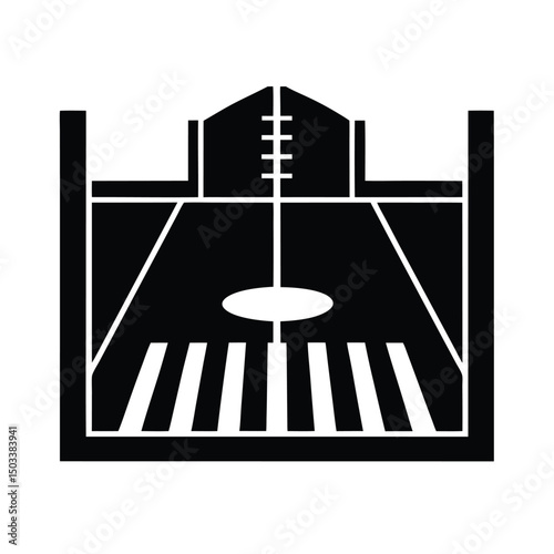 Abstract illustration of a football field with end zones and goal posts in black and white