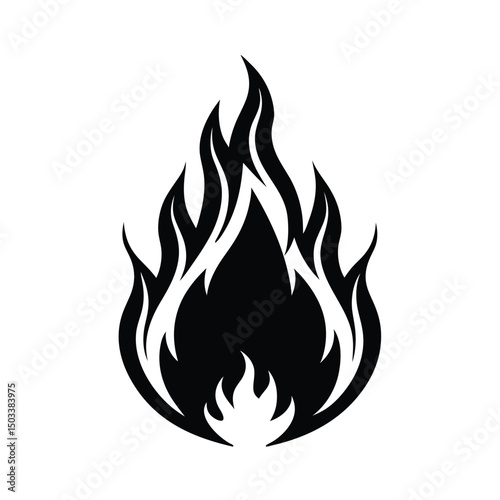 Black and white fire flame icon illustrating danger heat energy power and burning symbol