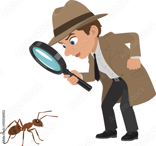 Cartoon detective with magnifying glass investigating a tiny ant insect on a white background