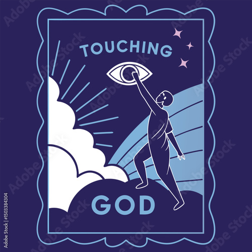 A serene and artistic illustration depicting a figure reaching towards an eye in the clouds, symbolizing the quest for spiritual connection and divine inspiration. Perfect for spiritual themes.