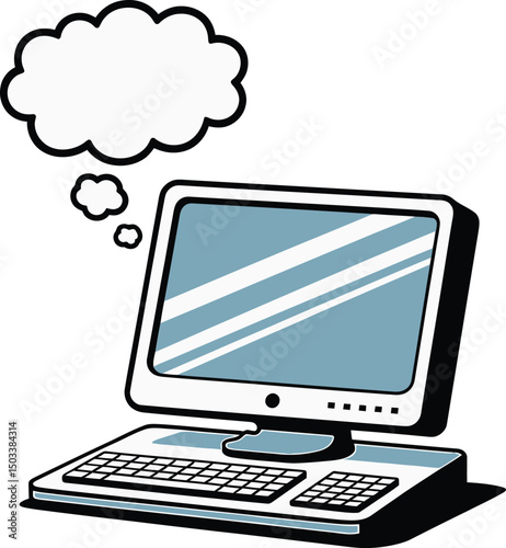 Cartoon illustration of a computer with a thought bubble representing idea and innovation