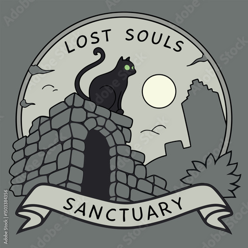 Mysterious and eerie illustration featuring a black cat atop an ancient stone ruin under a full moon, surrounded by bats. Perfect for Halloween-themed projects or gothic designs.