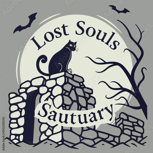 Mysterious and eerie illustration featuring a black cat atop an ancient stone ruin under a full moon, surrounded by bats. Perfect for Halloween-themed projects or gothic designs.