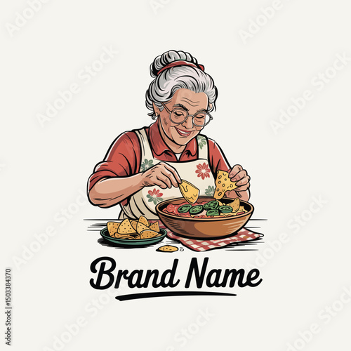 hand drawn  grandma making nachos logo design 