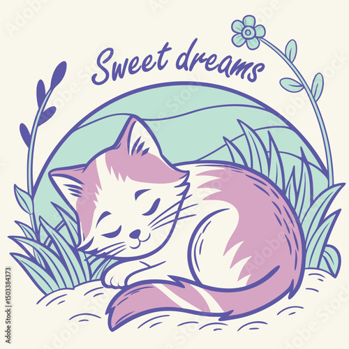 Adorable, pastel-colored illustration of a sleeping cat surrounded by leaves and soft foliage. Perfect for designs emphasizing comfort, tranquility, and the serene beauty of sweet dreams.