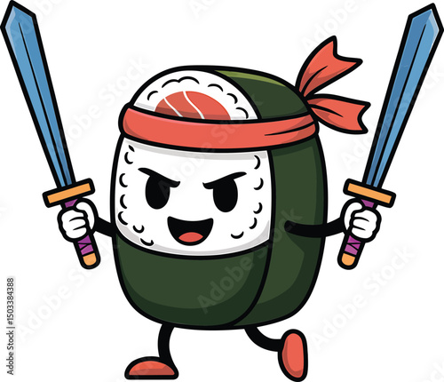 Cartoon illustration of a samurai sushi roll with swords ready for battle action