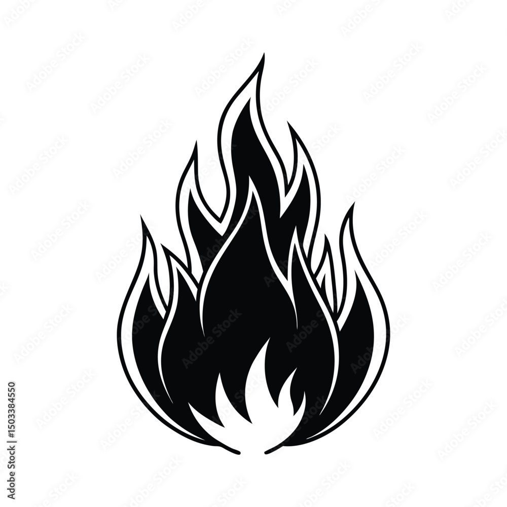 Simple black and white fire illustration represents burning flame and symbolic heat concept Simple black and white fire illustration represents burning flame and symbolic heat concept