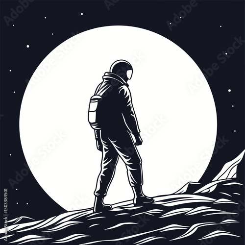 A striking monochrome illustration of an astronaut exploring a lunar landscape under a massive moon. Perfect for space-themed designs, educational materials, or science fiction projects.