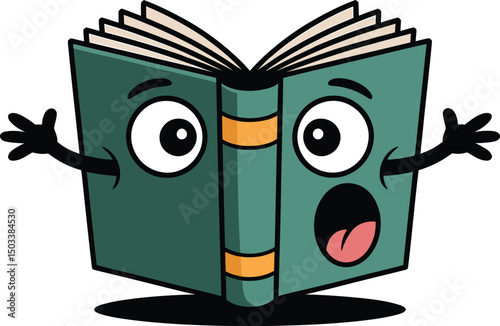 Cartoon illustration of an open book with arms expressing surprise and excitement