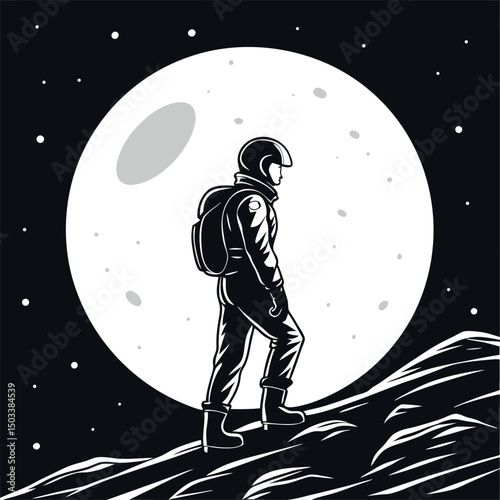 A striking monochrome illustration of an astronaut exploring a lunar landscape under a massive moon. Perfect for space-themed designs, educational materials, or science fiction projects.