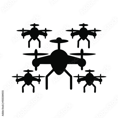Silhouette illustration of five drone aircrafts ready to record footage or for aerial photography