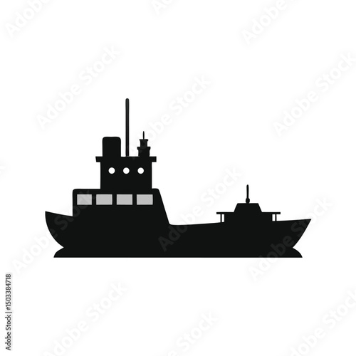 Simple black silhouette illustration of a commercial cargo ship or ferry at sea, vector design