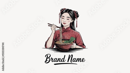 hand drawn chinese woman wearing traditional dress eating ramen logo design 