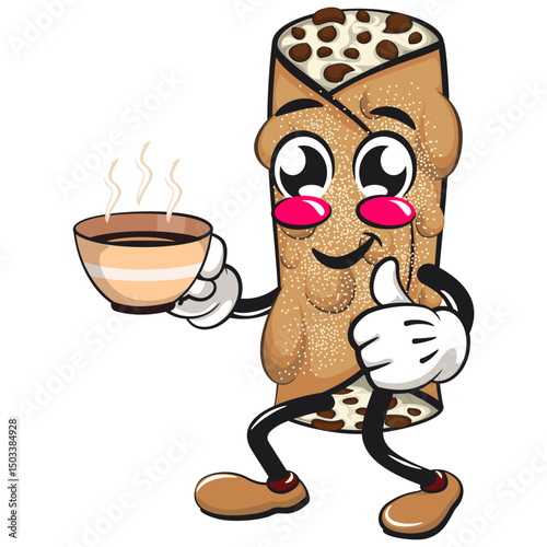 cute cannoli vektor illustration mascot character with a cup of coffee or tea while giving a thumbs up, work of hand drawn