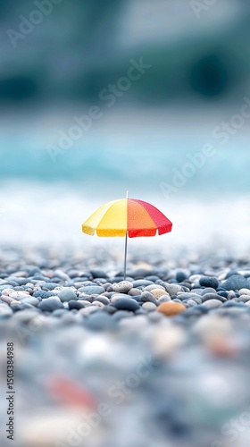 Small Colorful Umbrella on Gray Pebbled Beach