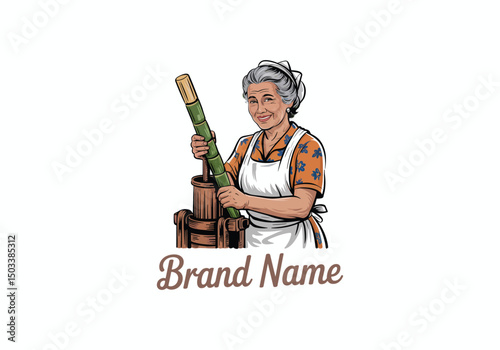 Vintage Illustration of a Woman Making Sugarcane Juice, logo design