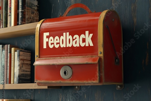 Wallpaper Mural Red Vintage Mailbox Labeled 'Feedback' Sitting on a Shelf - Symbolizing Customer Opinions and Improvement Torontodigital.ca