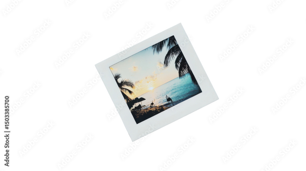Fototapeta premium Instant Photo Showing Tropical Beach at Sunset with Transparent Background
