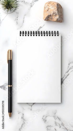 Blank White Notebook Mockup with Pen on Marble