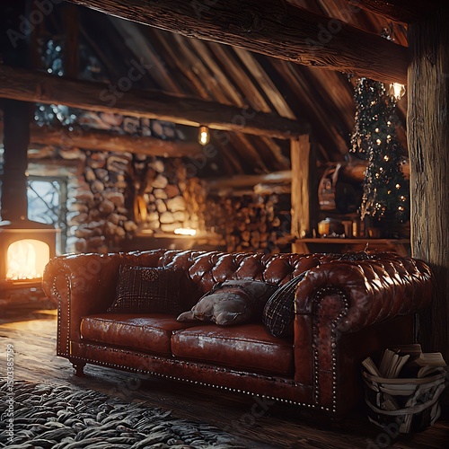 Large brown leather couch is in a cozy living room with a fireplace