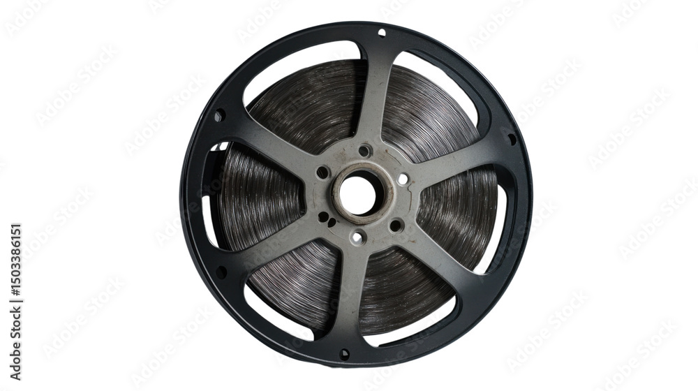 Obraz premium Vintage film reel with magnetic audio tape on transparent background