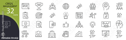 Crisis management related icons set. Including emergency, plan, alert, risk, response, recovery, safety, and control. Editable stroke. outline icons.