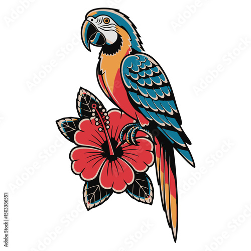 A colorful macaw parrot, a cute tropical bird vector illustration with vibrant feathers, perches on a nature branch
