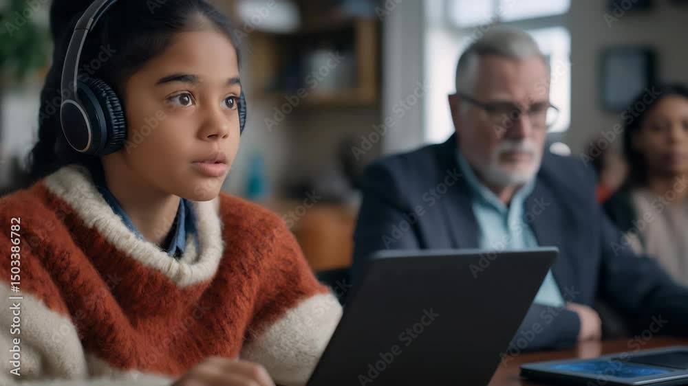 Young girl of mixed ethnicity learning with tablet and headphones in cozy classroom setting, educational video in soft neutral tones with copy space on the left, ideal for remote learning content, edt