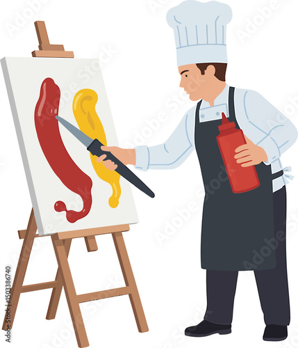 Creative chef painting with ketchup and mustard to express culinary artistic vision